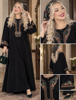 مانتو پاییزه مخمل کبریتی تمام گلدوزی 7686 مشکی